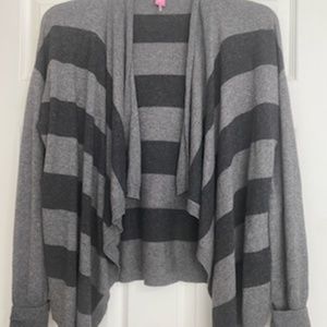 Basler stripe gray black cardigan 42 US 10 Waterfall draped cashmere Angora wool